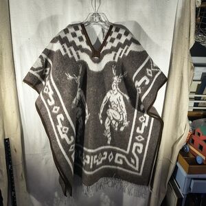 Native American Design Brown and White Unisex One size Poncho "Reversible "